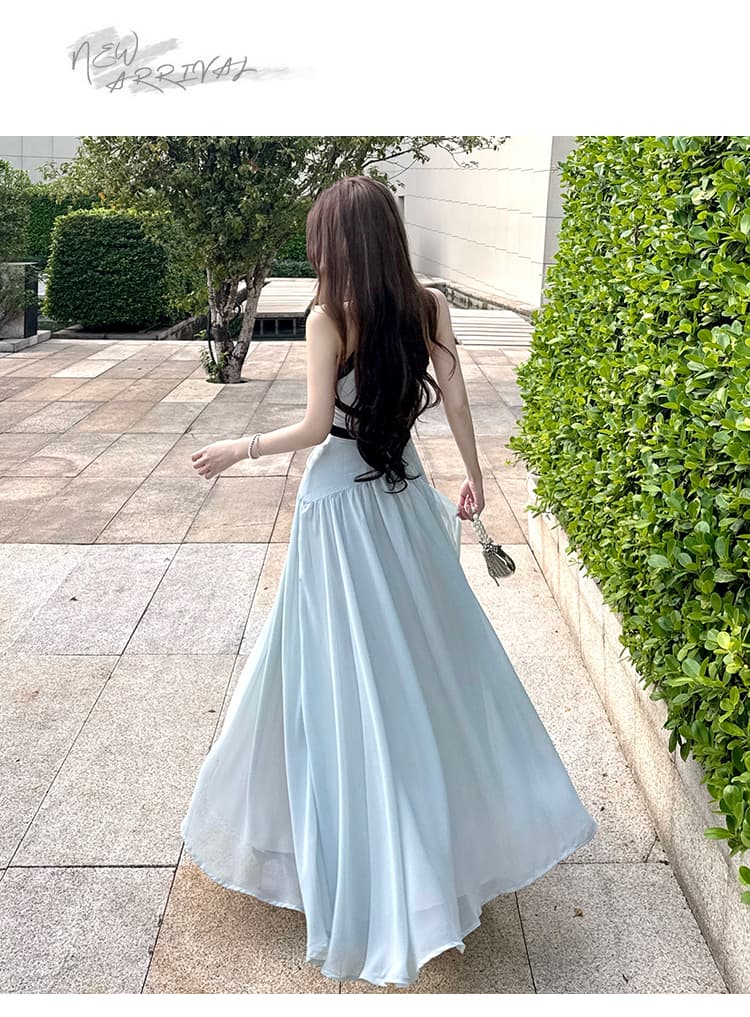 실사 행침 목 배색 민소매 큰 진자 여성 드레스 여름 한 부서 몸매 가꾸기 슬림해 보이는 한 마디 롱 스커트 상세 이미지 13