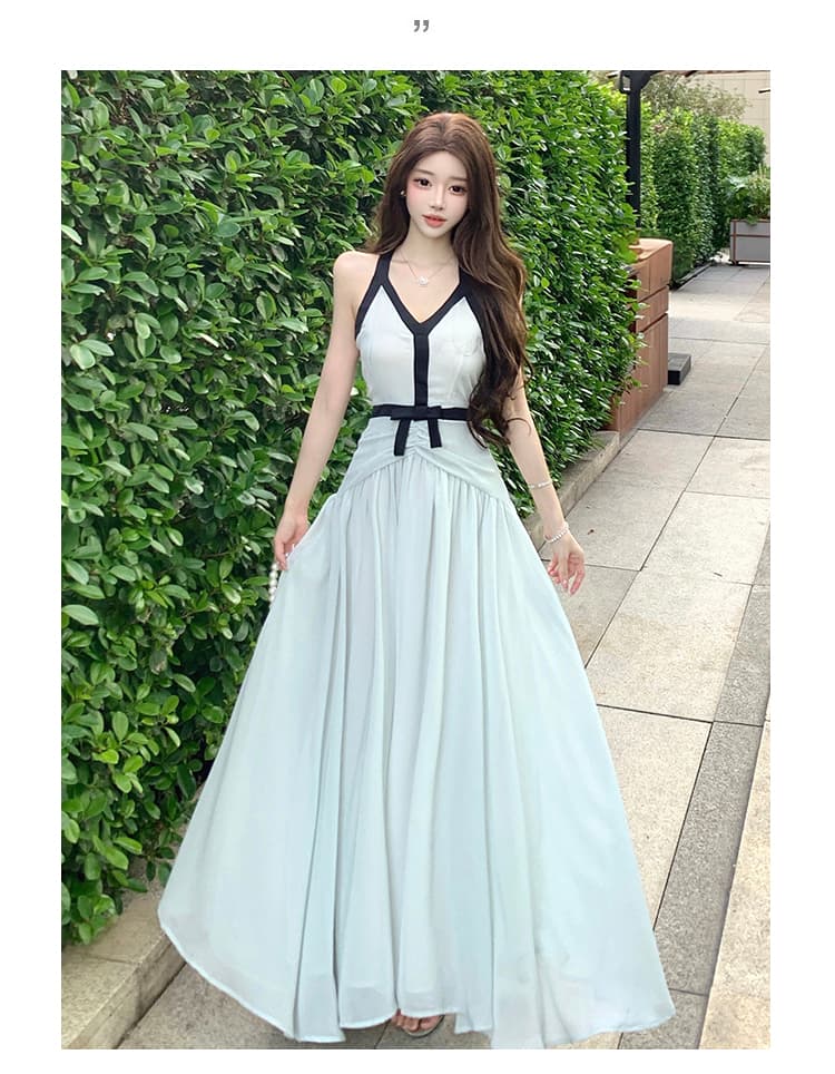 실사 행침 목 배색 민소매 큰 진자 여성 드레스 여름 한 부서 몸매 가꾸기 슬림해 보이는 한 마디 롱 스커트 상세 이미지 18