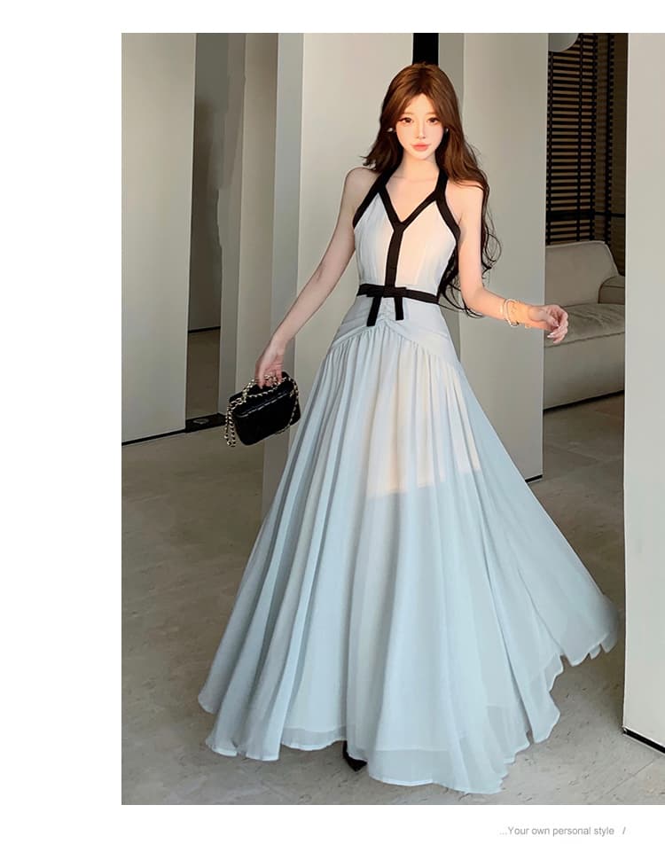 실사 행침 목 배색 민소매 큰 진자 여성 드레스 여름 한 부서 몸매 가꾸기 슬림해 보이는 한 마디 롱 스커트 상세 이미지 20