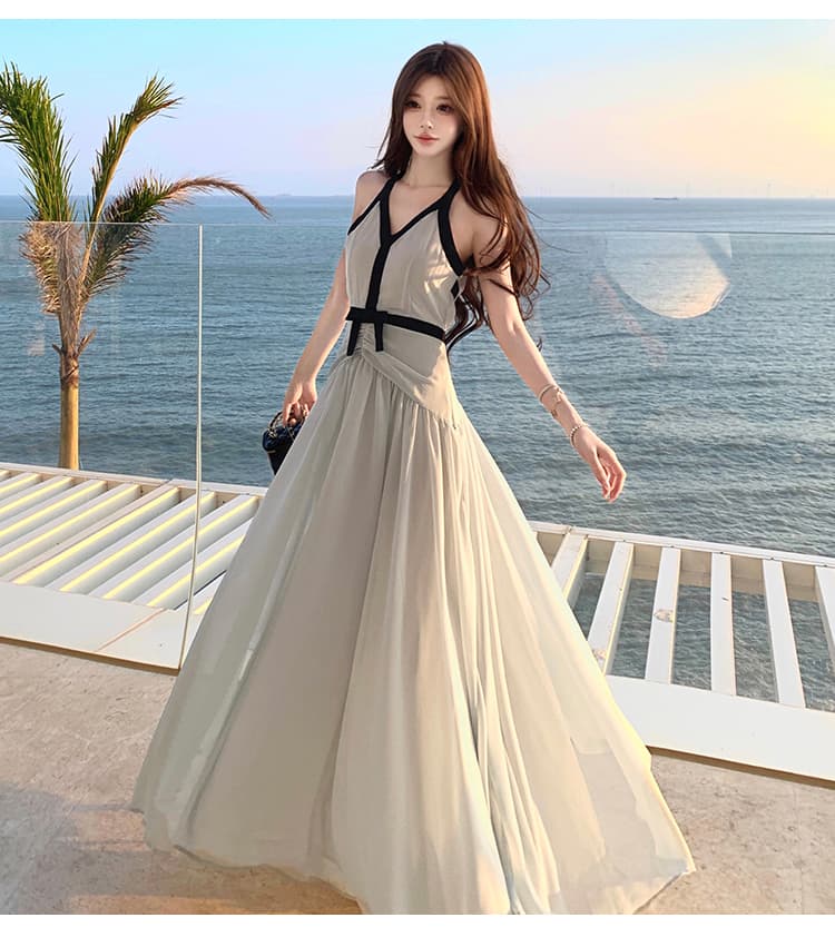 실사 행침 목 배색 민소매 큰 진자 여성 드레스 여름 한 부서 몸매 가꾸기 슬림해 보이는 한 마디 롱 스커트 상세 이미지 21