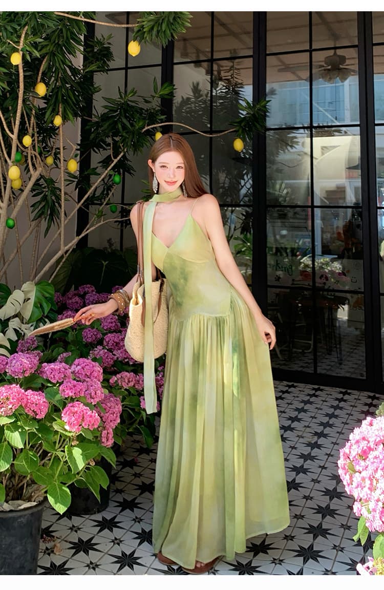 해변가 휴가 바람 작은 대중 Chic 홀치기 염색 슬립 여성 드레스 여름 녹색 신선함 품격 빅 플레어 스커트 롱 스커트 상세 이미지 18