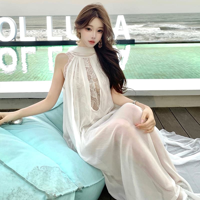 휴가 바람 여성 드레스 고급 센스 품격 명문 여성 생일 연회 예복 무거운 작업 리본 레이스 쉬폰 롱 스커트 이미지 3