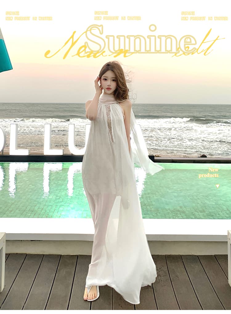 휴가 바람 여성 드레스 고급 센스 품격 명문 여성 생일 연회 예복 무거운 작업 리본 레이스 쉬폰 롱 스커트 상세 이미지 1
