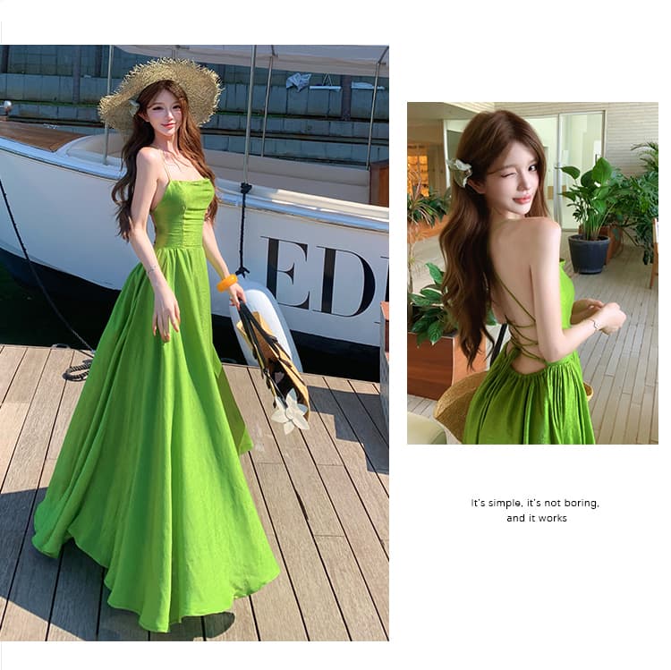 운남 관광 섹시함 백리스 스트랩 녹색 슬립 여성 드레스 여름 허리 수축 슬림해 보이는 휴가 분위기 센스 롱 스커트 상세 이미지 3