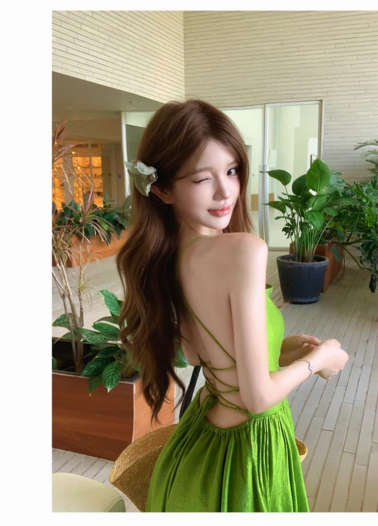 운남 관광 섹시함 백리스 스트랩 녹색 슬립 여성 드레스 여름 허리 수축 슬림해 보이는 휴가 분위기 센스 롱 스커트 상세 이미지 14