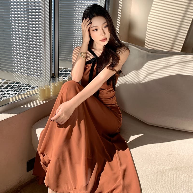 실사 작은 대중 디자인 프랑스식 레트로 나비 매듭 슬립 슬림해 보이는 명문 여성 바람 예복 롱 스커트 이미지 3