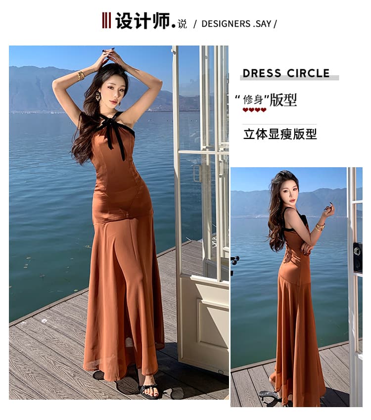 실사 작은 대중 디자인 프랑스식 레트로 나비 매듭 슬립 슬림해 보이는 명문 여성 바람 예복 롱 스커트 상세 이미지 3