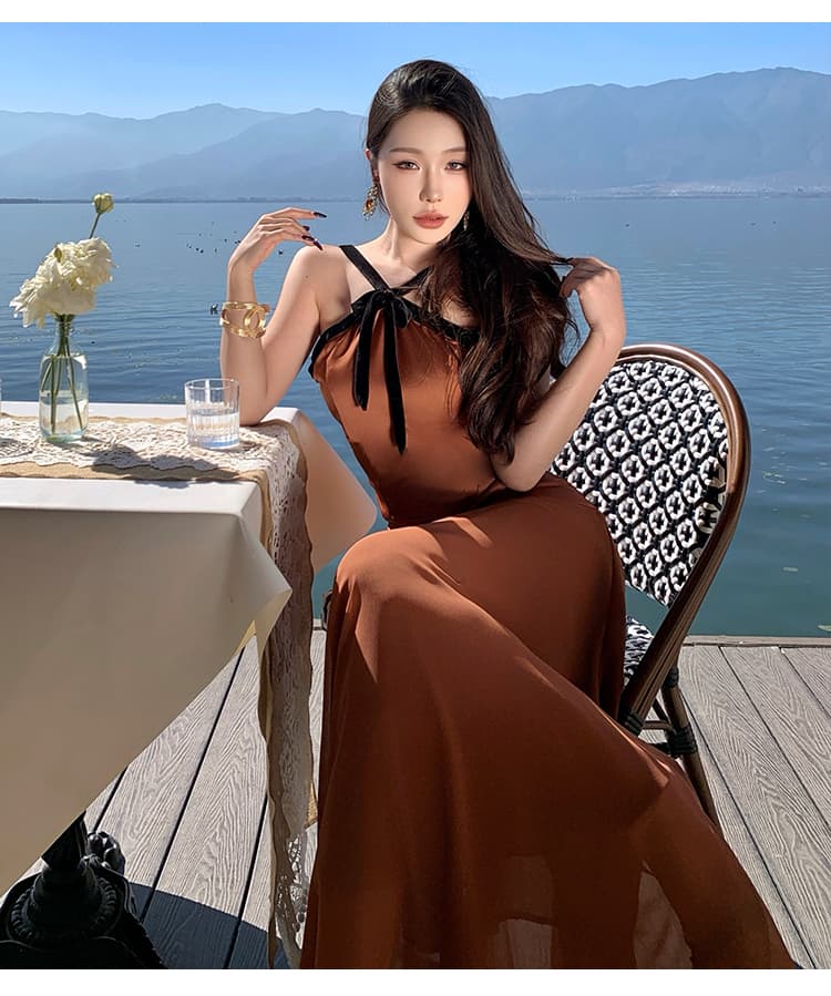 실사 작은 대중 디자인 프랑스식 레트로 나비 매듭 슬립 슬림해 보이는 명문 여성 바람 예복 롱 스커트 상세 이미지 13