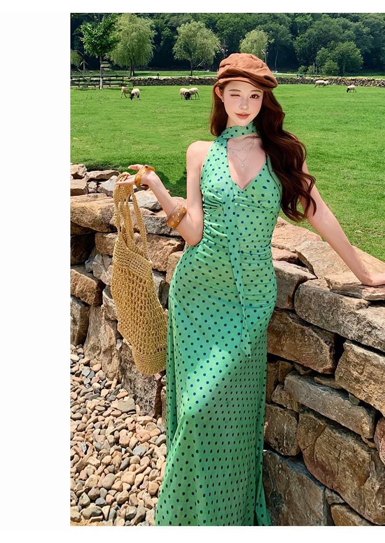 프랑스식 도트 무늬 리본 행침 목 드레스 여성 의류 여름 품격 녹색 치마 허리 수축 타이트 스커트 휴가 롱 스커트 상세 이미지 17