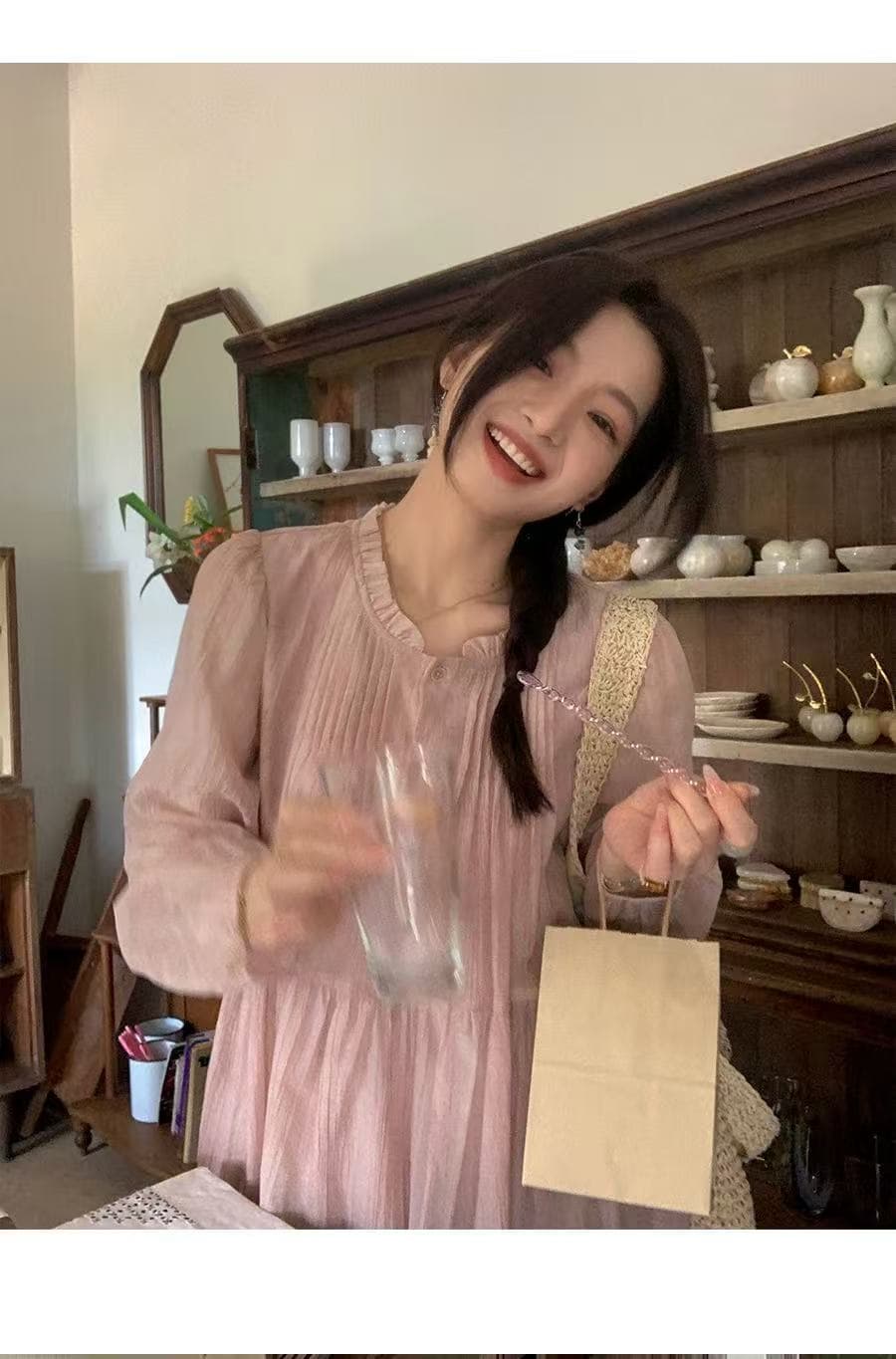 임산부 봄 드레스 새로운 부드러운 바람 패션 레이스 칼라 드레스 트렌디 엄마 루즈핏 슬림해 보이는 레이스업 중간 길이 치마 상세 이미지 16