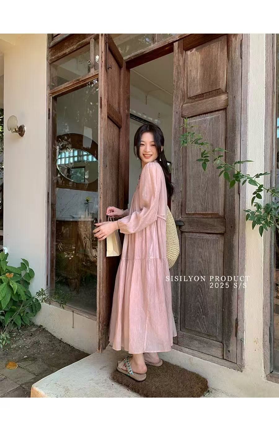 임산부 봄 드레스 새로운 부드러운 바람 패션 레이스 칼라 드레스 트렌디 엄마 루즈핏 슬림해 보이는 레이스업 중간 길이 치마 상세 이미지 18