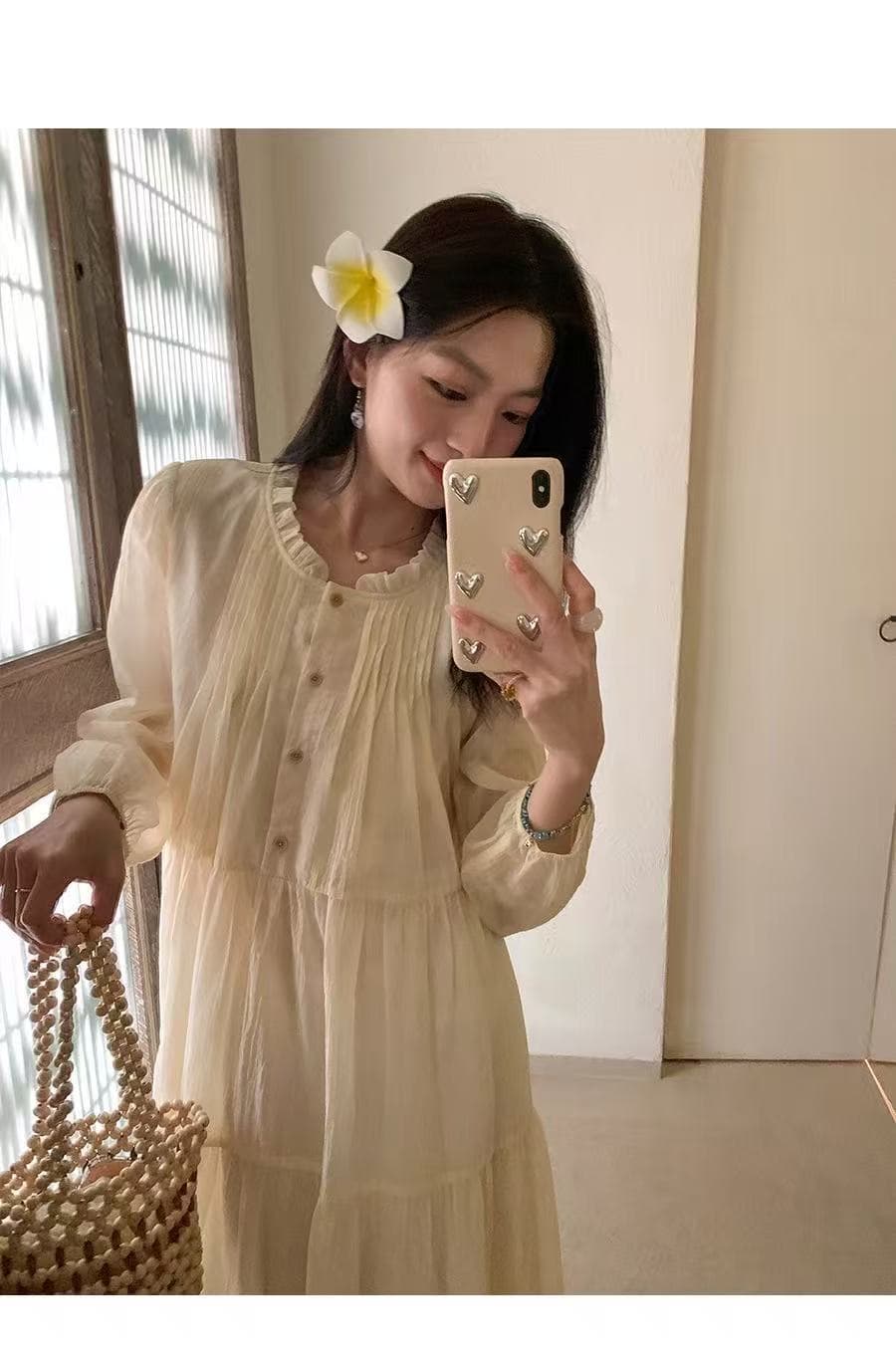 임산부 봄 드레스 새로운 부드러운 바람 패션 레이스 칼라 드레스 트렌디 엄마 루즈핏 슬림해 보이는 레이스업 중간 길이 치마 상세 이미지 24