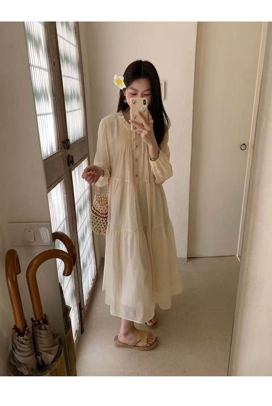 임산부 봄 드레스 새로운 부드러운 바람 패션 레이스 칼라 드레스 트렌디 엄마 루즈핏 슬림해 보이는 레이스업 중간 길이 치마 상세 이미지 25