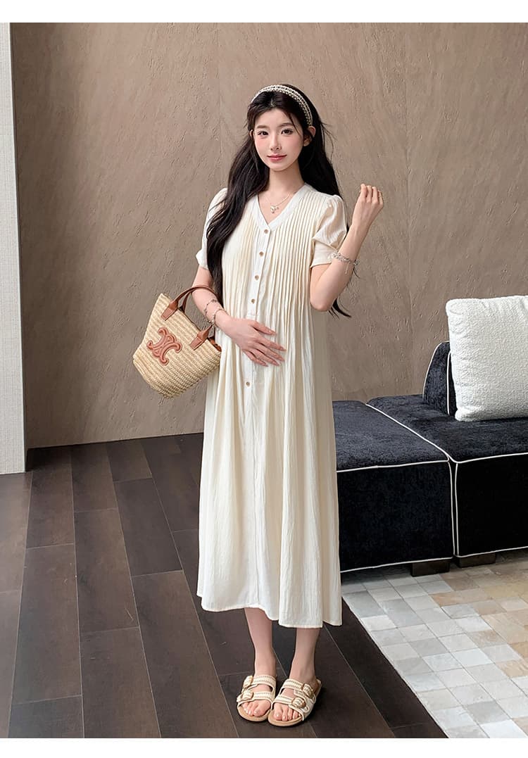 실사 선물 물품 임산부 여름 새로운 패션 부드러운 질감 품격 플리츠 프랑스식 달콤함 연령 감소 드레스 상세 이미지 15