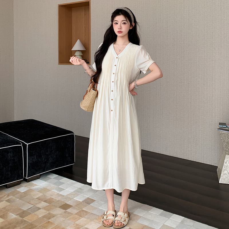 실사 선물 물품 임산부 여름 새로운 패션 부드러운 질감 품격 플리츠 프랑스식 달콤함 연령 감소 드레스 이미지 5