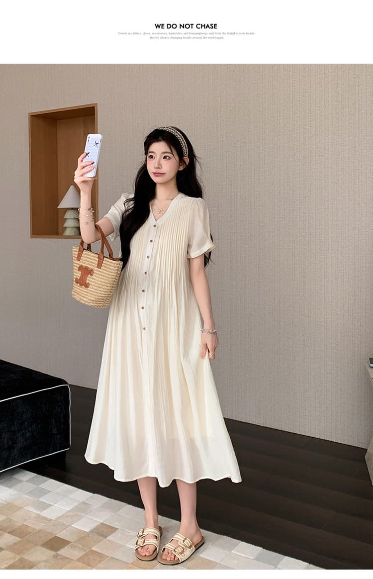 실사 선물 물품 임산부 여름 새로운 패션 부드러운 질감 품격 플리츠 프랑스식 달콤함 연령 감소 드레스 상세 이미지 12