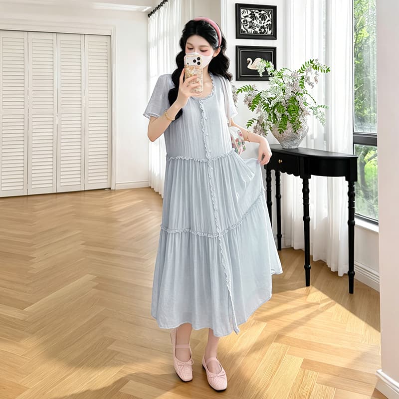 실사 선물 물품 임산부 여름 패션 새로운 루즈핏 슬림해 보이는 작은 청신 부드러운 달콤함 품격 레이스 드레스 이미지 5