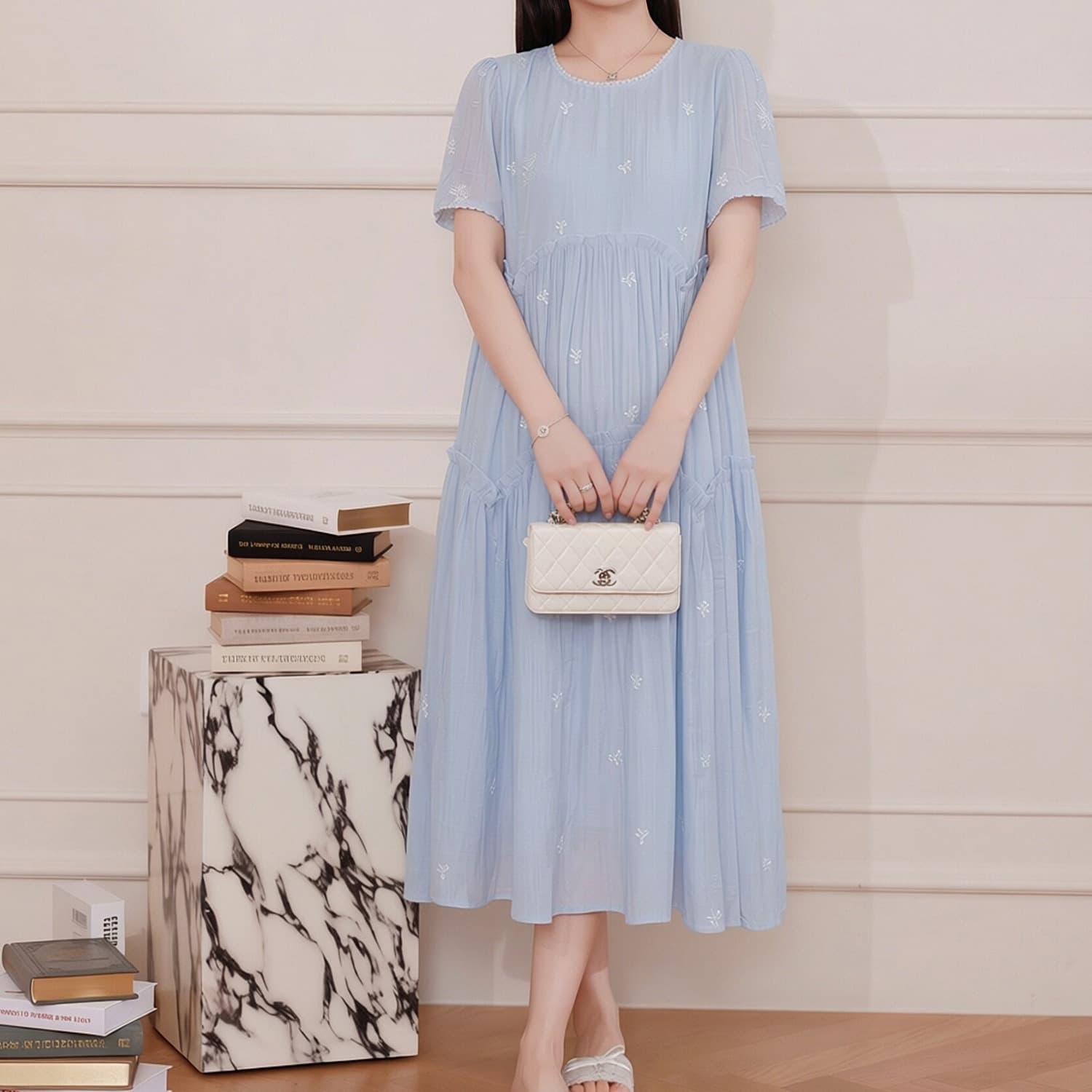 출산 착용 여름 새로운 드레스 무거운 작업 자수 나비 품격 루즈핏 슬림해 보이는 연령 감소 출산 스커트 이미지 3