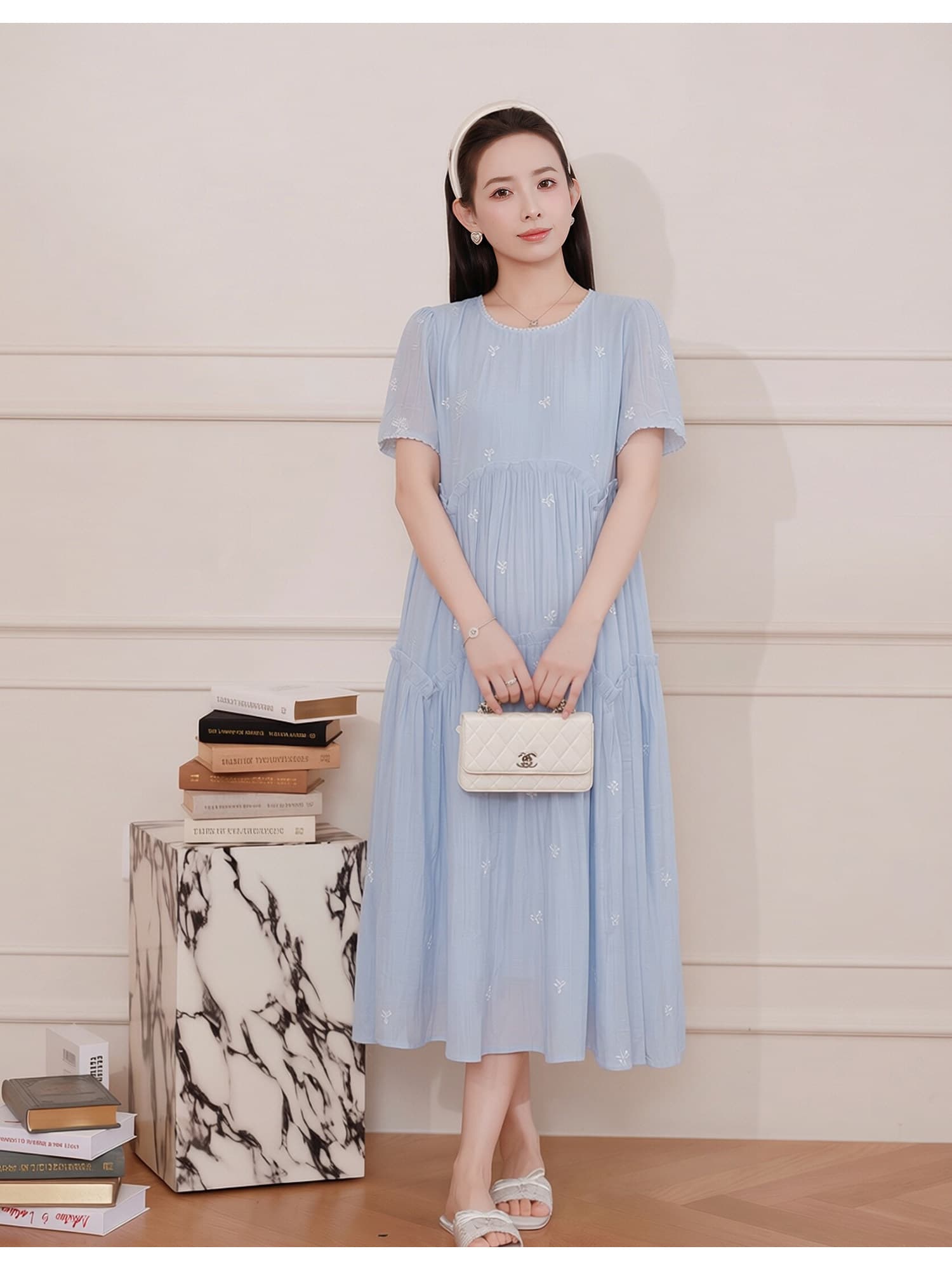 출산 착용 여름 새로운 드레스 무거운 작업 자수 나비 품격 루즈핏 슬림해 보이는 연령 감소 출산 스커트 상세 이미지 4