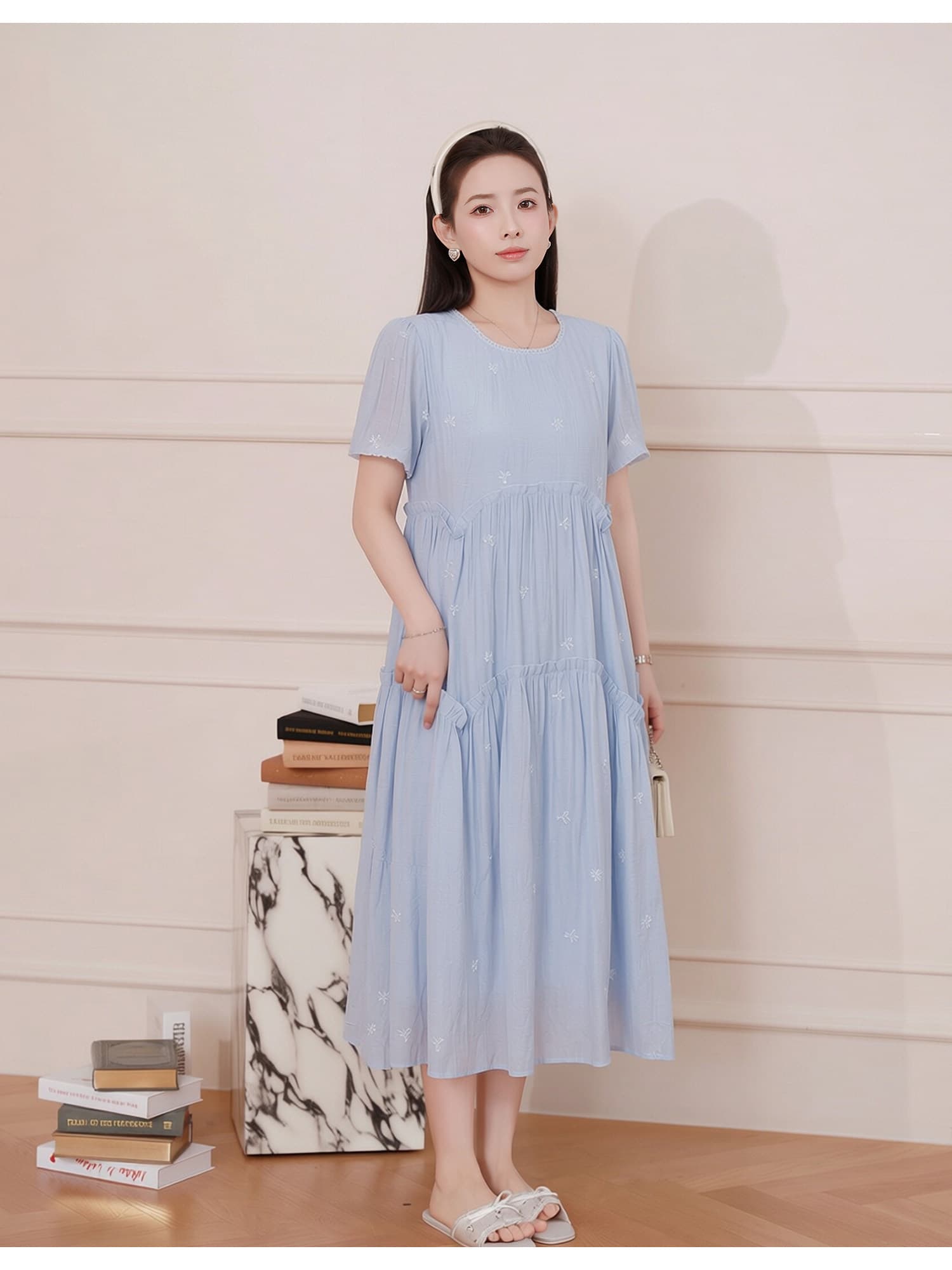 출산 착용 여름 새로운 드레스 무거운 작업 자수 나비 품격 루즈핏 슬림해 보이는 연령 감소 출산 스커트 상세 이미지 5
