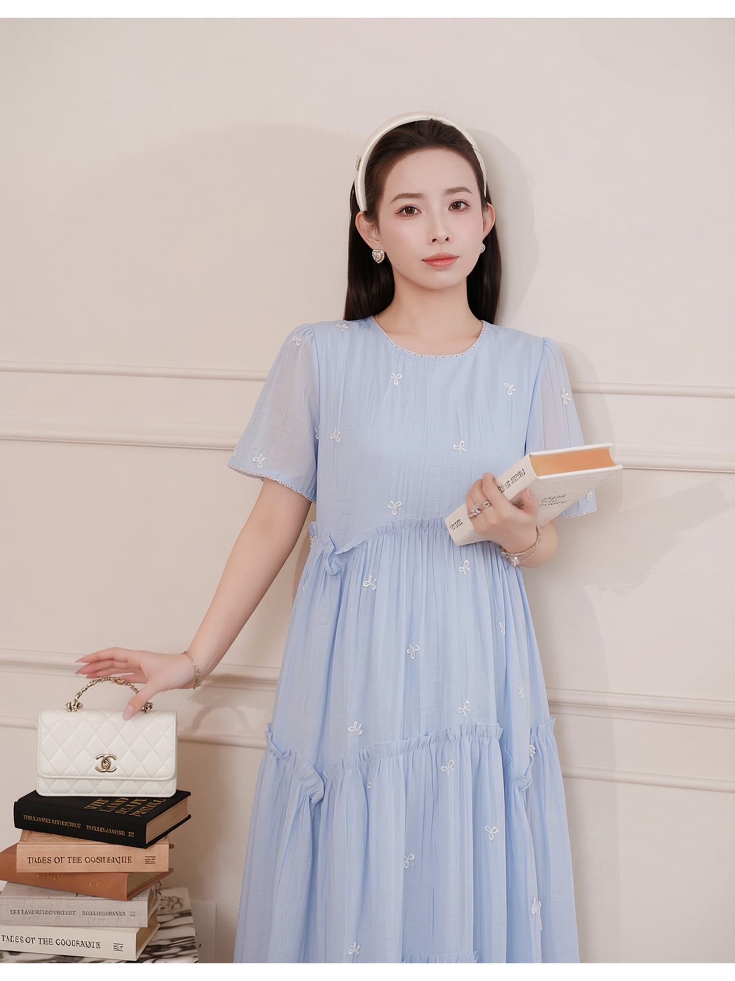 출산 착용 여름 새로운 드레스 무거운 작업 자수 나비 품격 루즈핏 슬림해 보이는 연령 감소 출산 스커트 상세 이미지 6