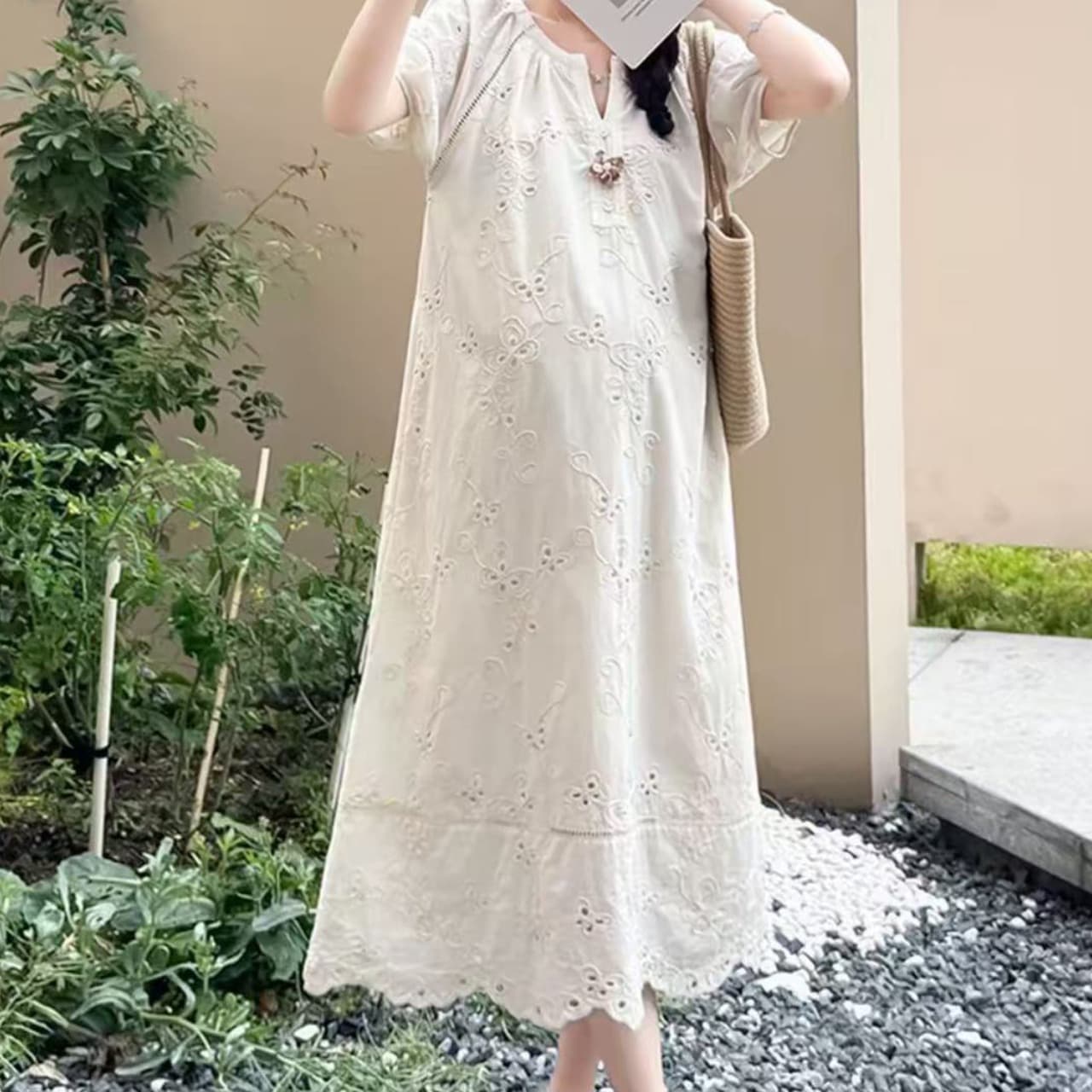 임산부 여름 새로운 패션 다용도 고급 센스 임신 기간 자수 루즈핏 품격 슬림해 보이는 드레스 이미지 3
