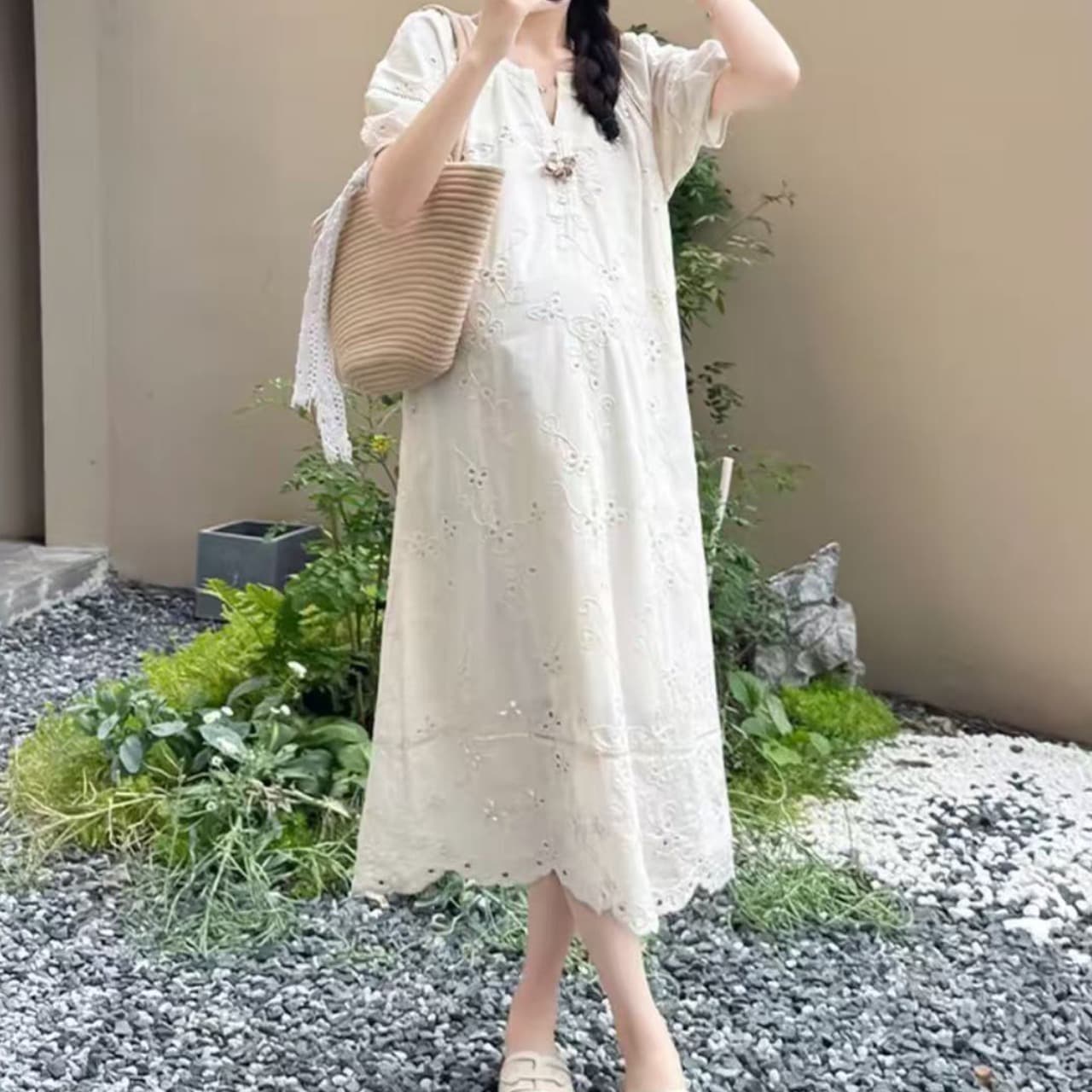 임산부 여름 새로운 패션 다용도 고급 센스 임신 기간 자수 루즈핏 품격 슬림해 보이는 드레스 이미지 2