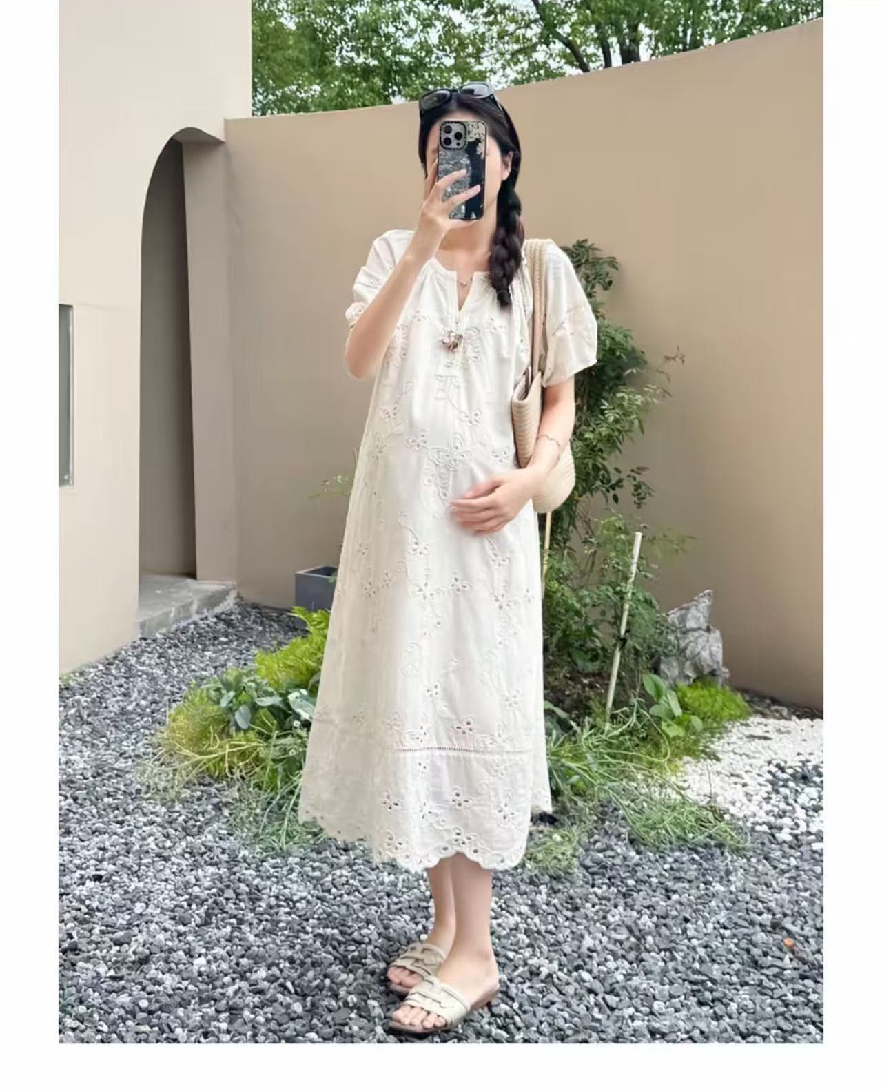 임산부 여름 새로운 패션 다용도 고급 센스 임신 기간 자수 루즈핏 품격 슬림해 보이는 드레스 상세 이미지 4