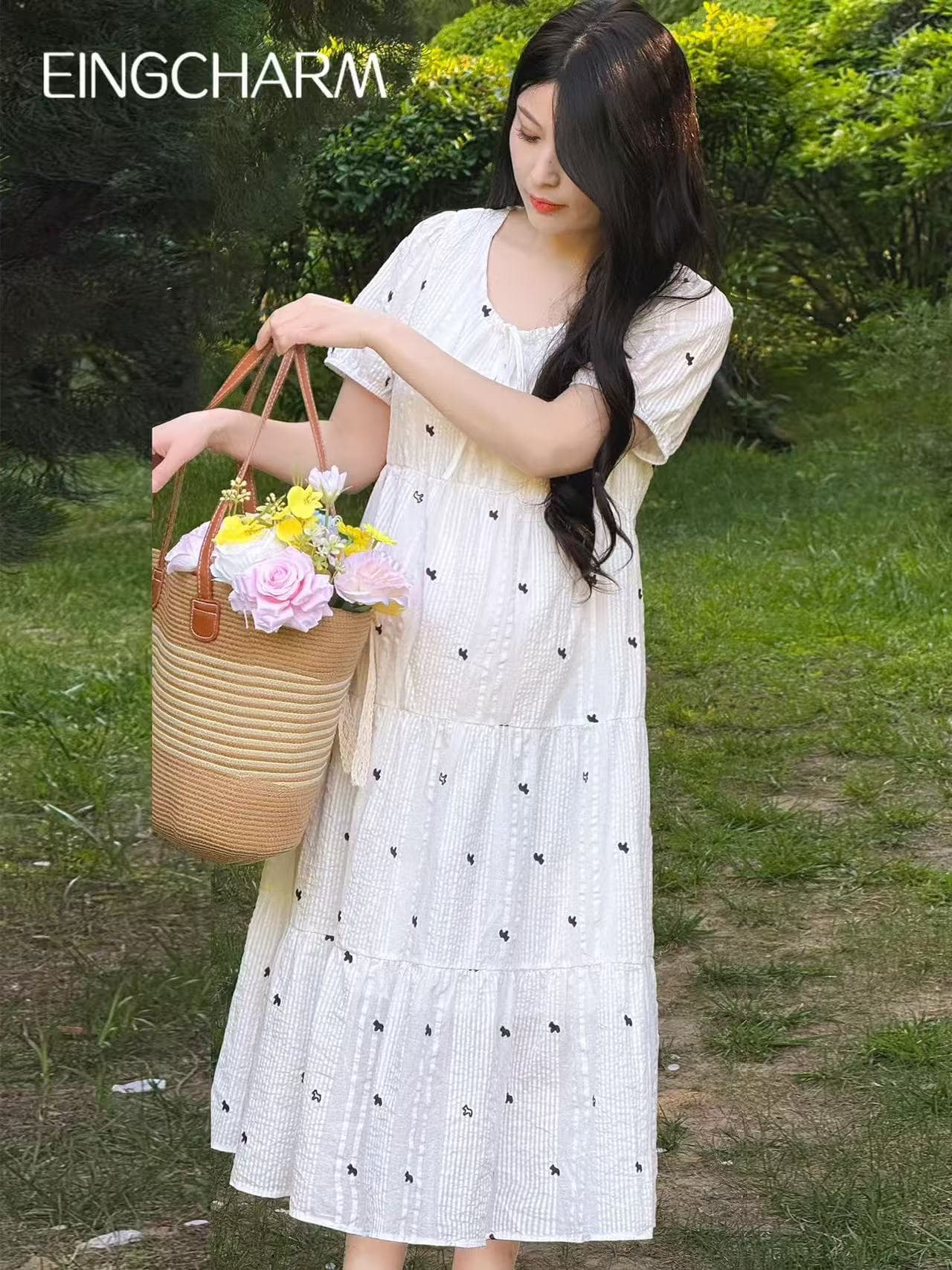 임산부 치마 여름 새로운 프랑스식 전원 바람 자수 화이트 거품 소매 인형 치마 확실하지 않음 배 출산 스커트