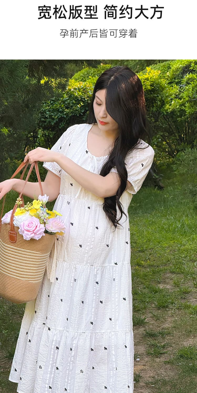 임산부 치마 여름 새로운 프랑스식 전원 바람 자수 화이트 거품 소매 인형 치마 확실하지 않음 배 출산 스커트 상세 이미지 3