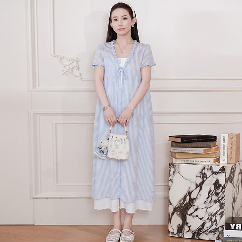 임산부 여름 드레스 새로운 페이크 레이어드 반팔 볼륨 레이스 디자인 센스 드레스 달콤함 슬림해 보이는 연령 감소 V넥 롱 스커트 이미지 4