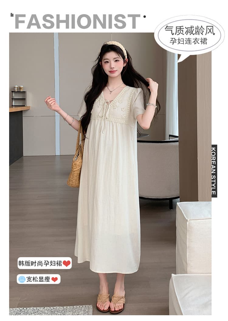 실사 선물 물품 임산부 드레스 여름 품격 부드러운 V넥 자수 반팔 루즈핏 슬림해 보이는 프랑스식 롱 스커트 상세 이미지 1