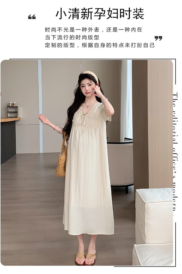 실사 선물 물품 임산부 드레스 여름 품격 부드러운 V넥 자수 반팔 루즈핏 슬림해 보이는 프랑스식 롱 스커트 상세 이미지 2