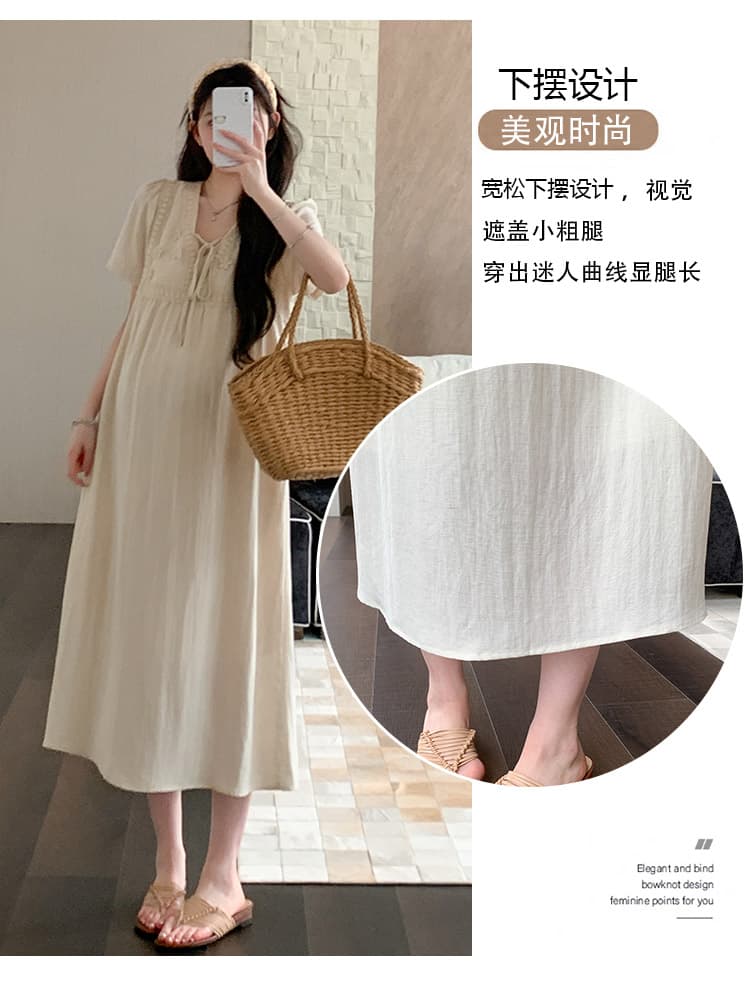 실사 선물 물품 임산부 드레스 여름 품격 부드러운 V넥 자수 반팔 루즈핏 슬림해 보이는 프랑스식 롱 스커트 상세 이미지 7