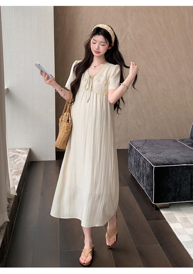 실사 선물 물품 임산부 드레스 여름 품격 부드러운 V넥 자수 반팔 루즈핏 슬림해 보이는 프랑스식 롱 스커트 상세 이미지 22
