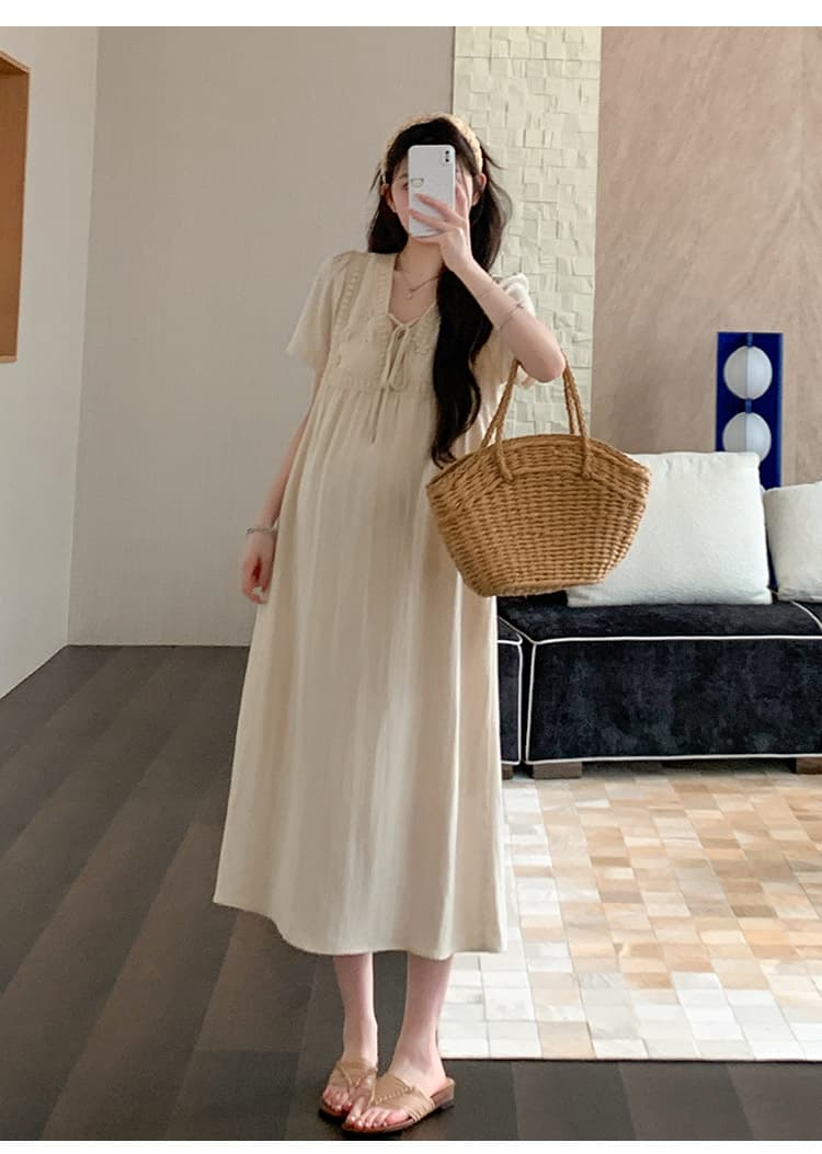 실사 선물 물품 임산부 드레스 여름 품격 부드러운 V넥 자수 반팔 루즈핏 슬림해 보이는 프랑스식 롱 스커트 상세 이미지 24