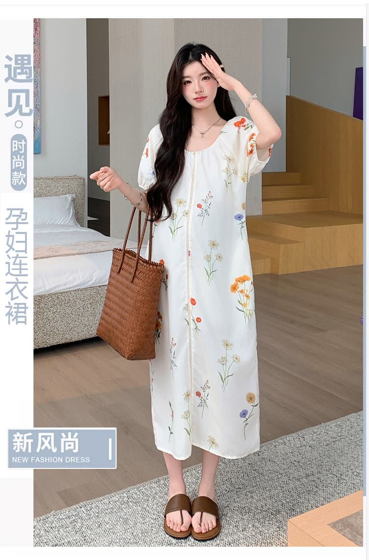 실사 선물 물품 임산부 여름 새로운 패션 센 부서 전원 바람 루즈핏 느긋한 센스 연령 감소 트임 드레스 상세 이미지 1
