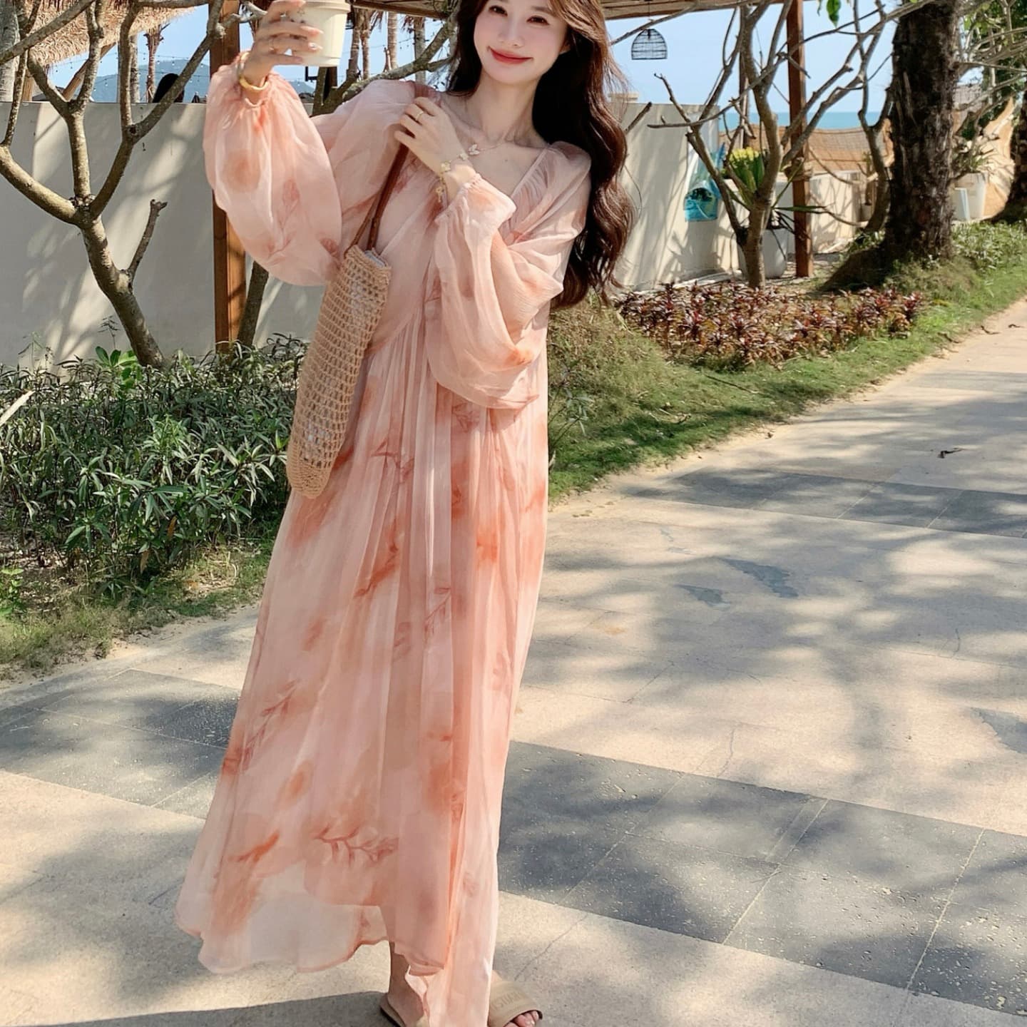 임산부 가을 의상 휴가 바람 분말 색 후광 염색 긴팔 드레스 섹션 해변가 해변 A라인 스커트 부드러운 낭만주의 바람 이미지 3