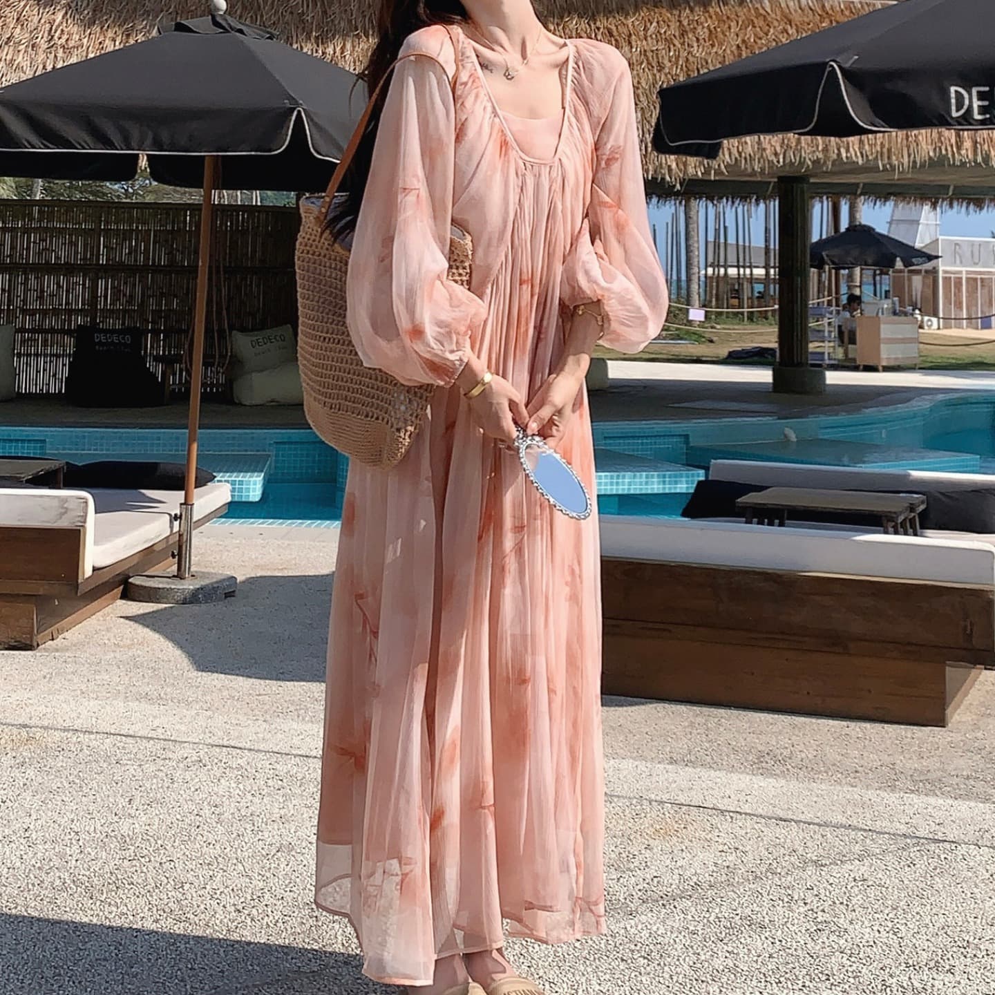 임산부 가을 의상 휴가 바람 분말 색 후광 염색 긴팔 드레스 섹션 해변가 해변 A라인 스커트 부드러운 낭만주의 바람 이미지 4