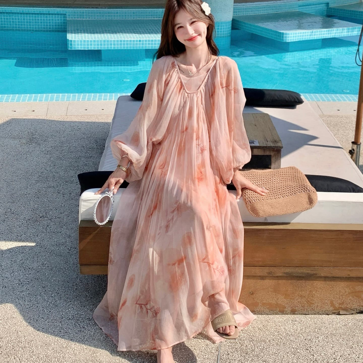 임산부 가을 의상 휴가 바람 분말 색 후광 염색 긴팔 드레스 섹션 해변가 해변 A라인 스커트 부드러운 낭만주의 바람
