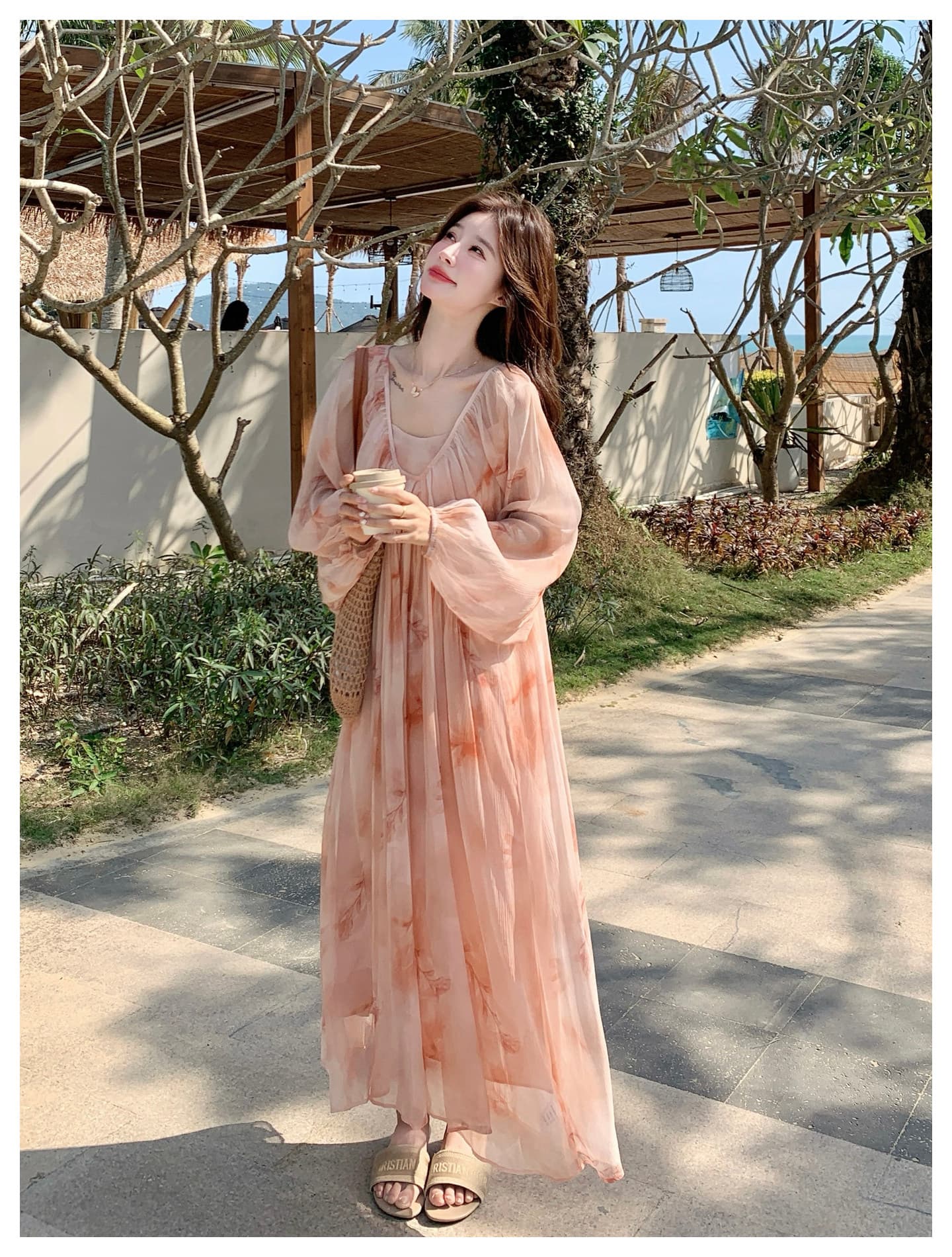 임산부 가을 의상 휴가 바람 분말 색 후광 염색 긴팔 드레스 섹션 해변가 해변 A라인 스커트 부드러운 낭만주의 바람 상세 이미지 7