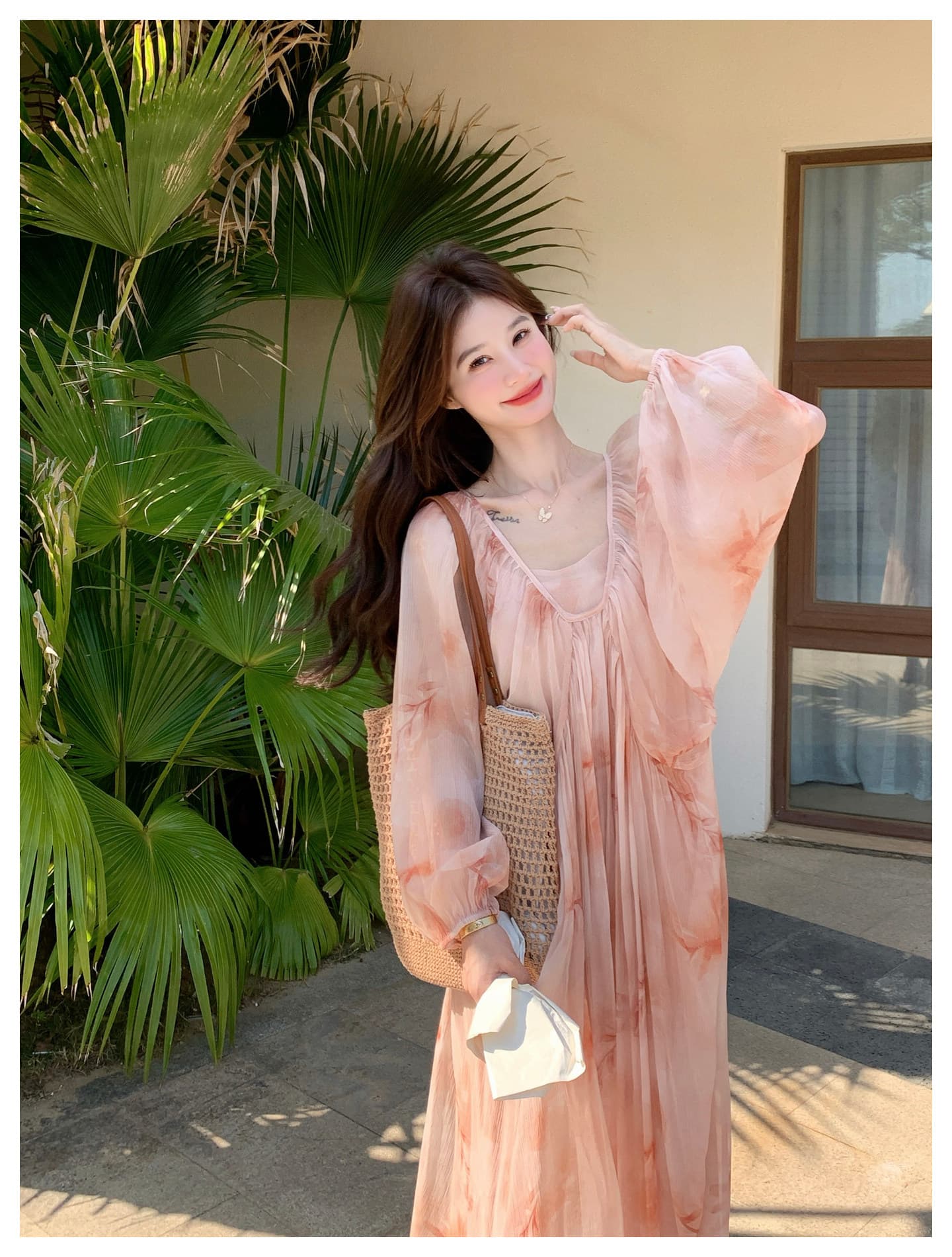 임산부 가을 의상 휴가 바람 분말 색 후광 염색 긴팔 드레스 섹션 해변가 해변 A라인 스커트 부드러운 낭만주의 바람 상세 이미지 16