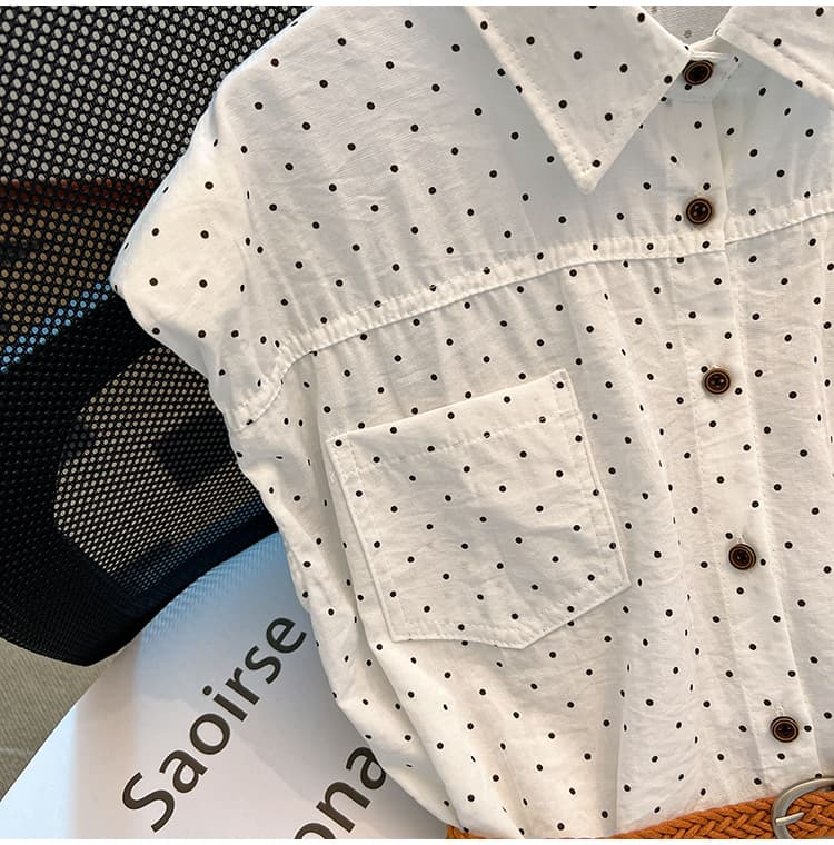 카운터 빼다 전단 표준 황색 도트 무늬 POLO 칼라 어깨 여성 셔츠 여름 섹션 어깨 패드 디자인 센스 작은 날다 소매 맨위 상세 이미지 25