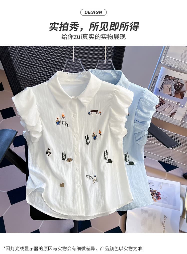 2026 여름 새로운 패션 자수 폴로 칼라 면 린넨 쇼트 스타일 여성 셔츠 루즈핏 Feifei 소매 작은 셔츠 셔츠 맨위 상세 이미지 11