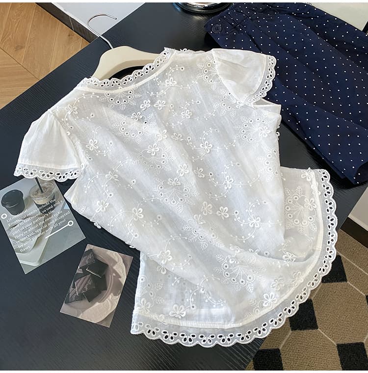 한 부서 레이스 꽃무늬 자수 반팔 여성 셔츠 여름 새로운 작은 대중 디자인 센스 연령 감소 쇼트 스타일 맨위 2025 상세 이미지 13