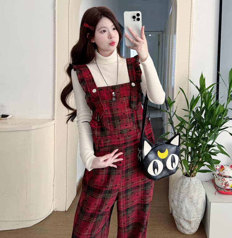 지금 실사 비디오 2026 년 이른 봄 새로운 체크무늬 모직 신년 섹션 멜빵 바지 기본 셔츠 임산부 세트 상세 이미지 24