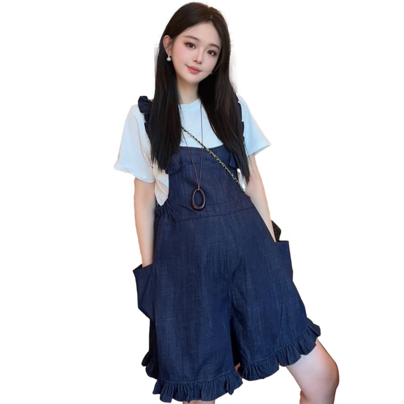 2026 년 오리지널 여름 섹션 패션 귀여운 임산부 멜빵 바지 만나는 단색 티셔츠 임산부 투피스 세트 이미지 5