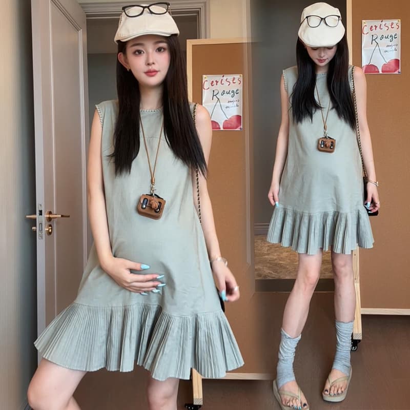 du 홈 오리지널 여름 새로운 한 부서 연령 감소 세련된 품격 민소매 임산부 중간 길이 플리츠 드레스