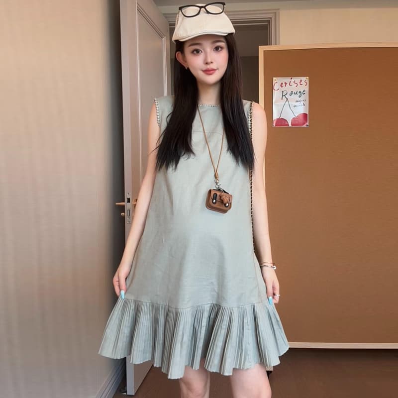 du 홈 오리지널 여름 새로운 한 부서 연령 감소 세련된 품격 민소매 임산부 중간 길이 플리츠 드레스 이미지 4