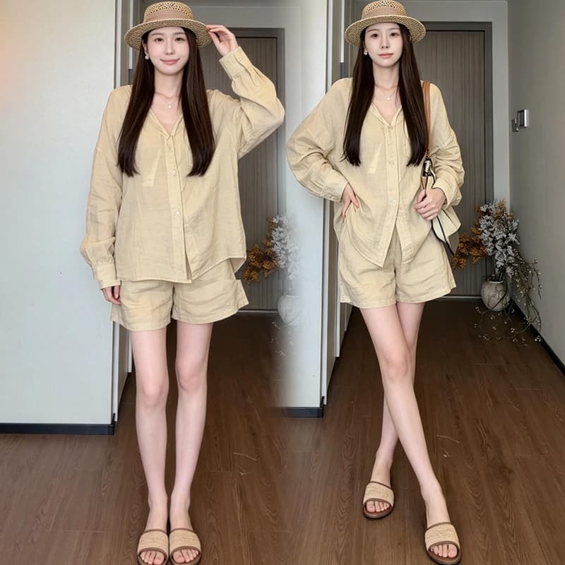 재고 있음 2026 년 이른 가을 패션 출산 착용 인터넷 유명인 한국 스타일 루즈핏 슬림해 보이는 외국 가스 캐주얼 셔츠 투피스 세트 이미지 3